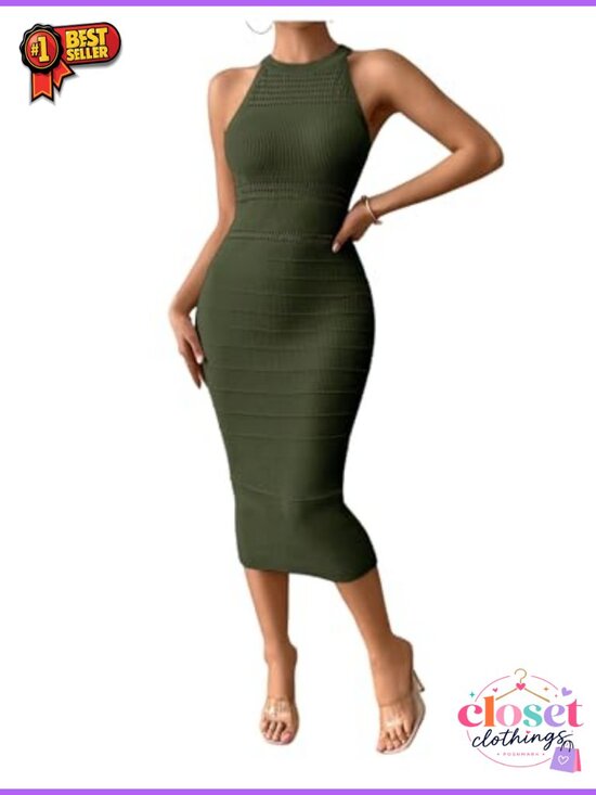 Dresses & Skirts - Sleeveless Knit Sweater Dress Halter Neck Bodycon Midi Wedding Guest